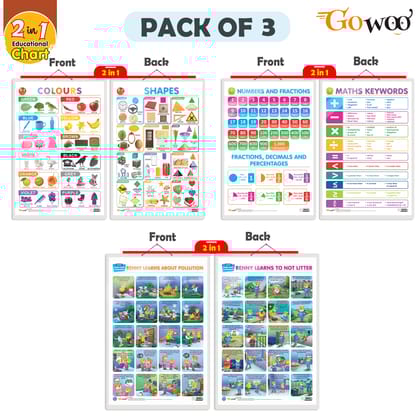 Set of 3 |2 IN 1 NUMBER & FRACTIONS AND MATHS KEYWORDS , 2 IN 1 COLOURS AND SHAPES and 2 IN 1 BENNY LEARNS ABOUT POLLUTION AND BENNY LEARNS NOT TO LITTER Early Learning Educational Charts for Kids