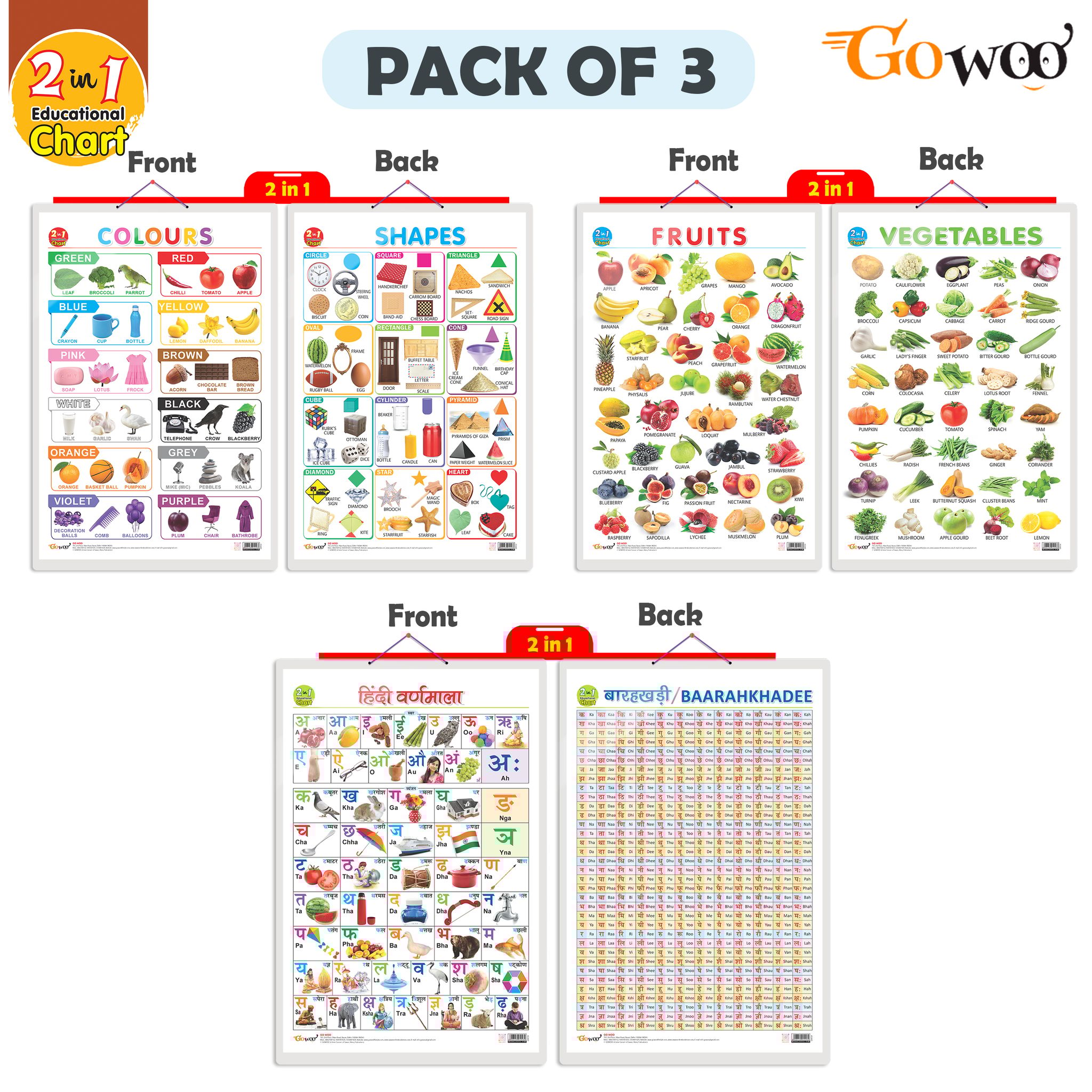 Set of 3 |2 IN 1 COLOURS AND SHAPES, 2 IN 1 FRUITS AND VEGETABLES and 2 IN 1 HINDI VARNMALA AND BAARAHKHADEE Early Learning Educational Charts for Kids
