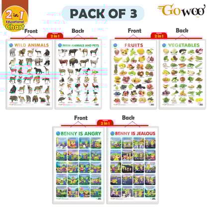 Set of 3 |2 IN 1 FRUITS AND VEGETABLES, 2 IN 1 WILD AND FARM ANIMALS & PETS and 2 IN 1 BENNY IS ANGRY AND BENNY IS JEALOUS Early Learning Educational Charts for Kids