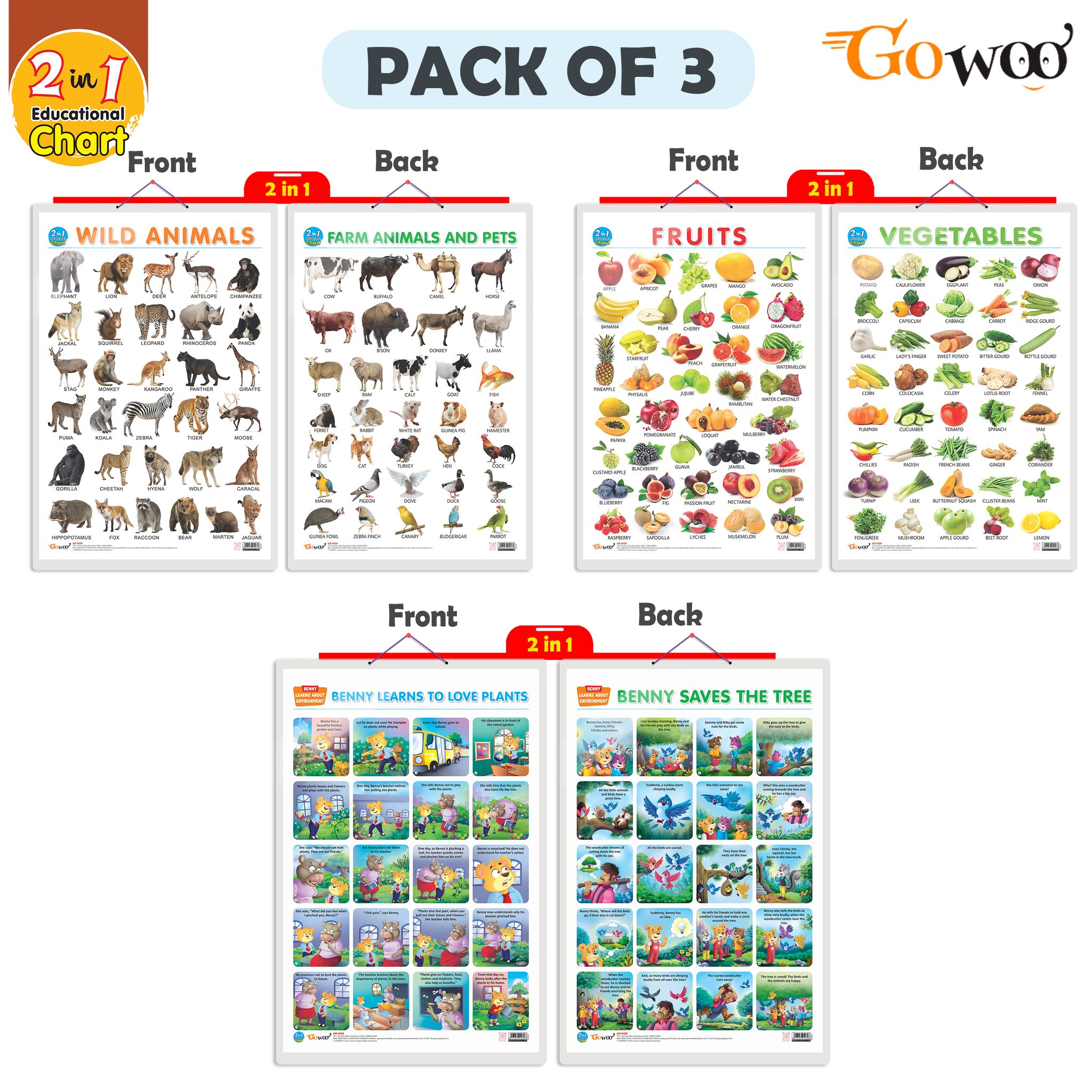 Set of 3 |2 IN 1 FRUITS AND VEGETABLES, 2 IN 1 WILD AND FARM ANIMALS & PETS and 2 IN 1 BENNY LEARNS TO LOVE PLANTS AND BENNY SAVES THE TREE Early Learning Educational Charts for Kids