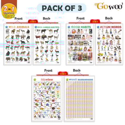 Set of 3 |2 IN 1 WILD AND FARM ANIMALS & PETS, 2 IN 1 GOOD HABITS AND ACTION WORDS and 2 IN 1 HINDI VARNMALA AND BAARAHKHADEE Early Learning Educational Charts for Kids