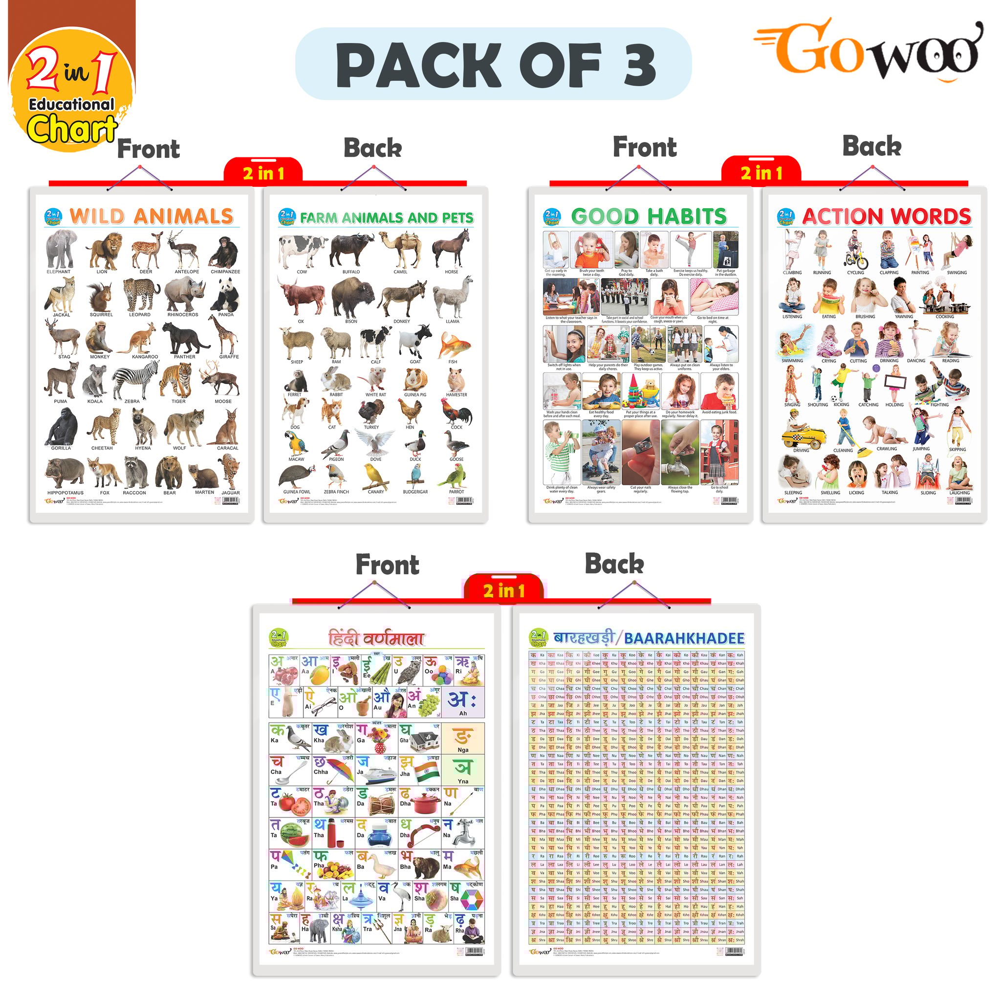 Set of 3 |2 IN 1 WILD AND FARM ANIMALS & PETS, 2 IN 1 GOOD HABITS AND ACTION WORDS and 2 IN 1 HINDI VARNMALA AND BAARAHKHADEE Early Learning Educational Charts for Kids