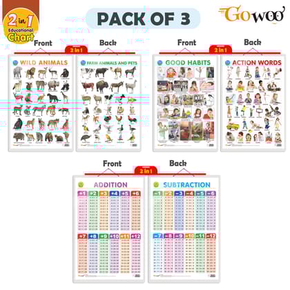 Set of 3 |2 IN 1 WILD AND FARM ANIMALS & PETS, 2 IN 1 GOOD HABITS AND ACTION WORDS and 2 IN 1 ADDITION AND SUBTRACTION Early Learning Educational Charts for Kids