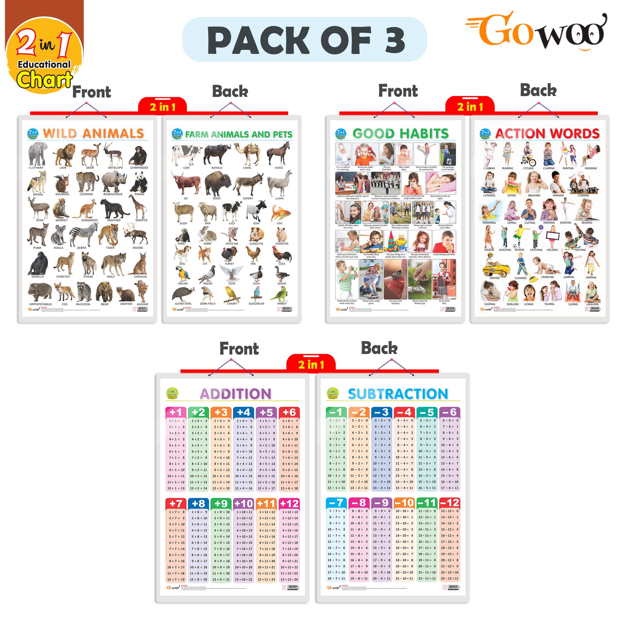 Set of 3 |2 IN 1 WILD AND FARM ANIMALS & PETS, 2 IN 1 GOOD HABITS AND ACTION WORDS and 2 IN 1 ADDITION AND SUBTRACTION Early Learning Educational Charts for Kids