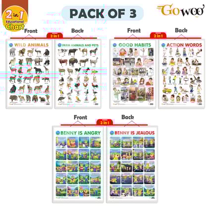 Set of 3 |2 IN 1 WILD AND FARM ANIMALS & PETS, 2 IN 1 GOOD HABITS AND ACTION WORDS and 2 IN 1 BENNY IS ANGRY AND BENNY IS JEALOUS Early Learning Educational Charts for Kids