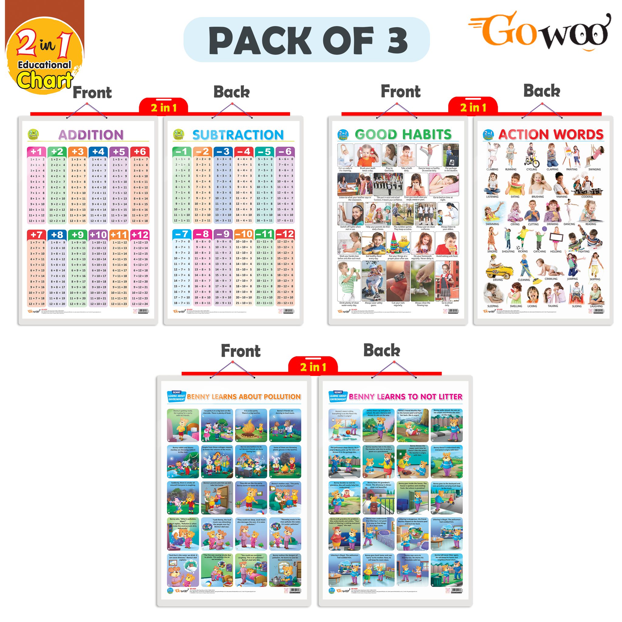 Set of 3 |2 IN 1 GOOD HABITS AND ACTION WORDS, 2 IN 1 ADDITION AND SUBTRACTION and 2 IN 1 BENNY LEARNS ABOUT POLLUTION AND BENNY LEARNS NOT TO LITTER Early Learning Educational Charts for Kids