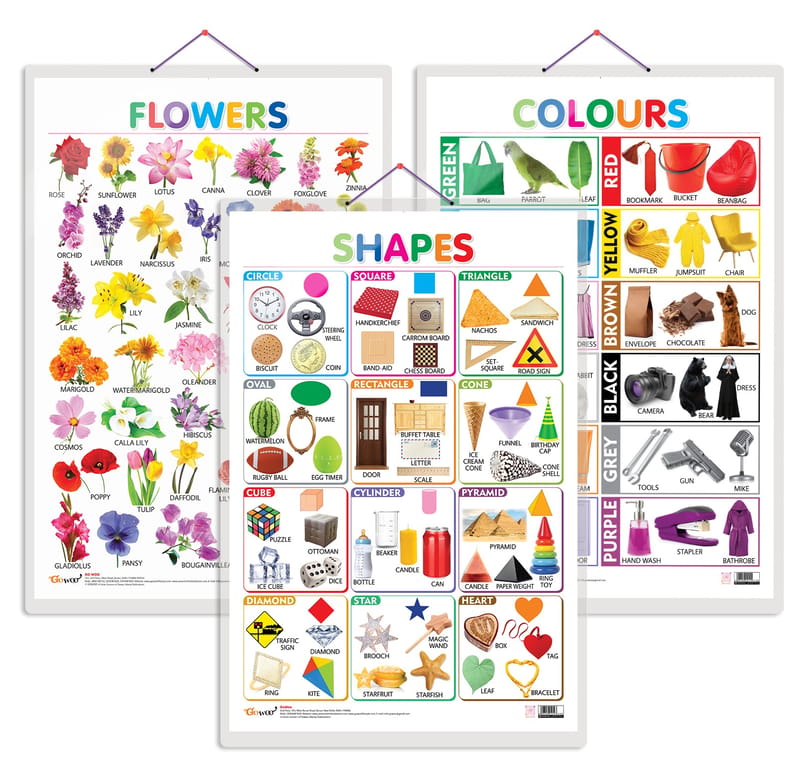 Set of 3 Flowers, Colours and Shapes Early Learning Educational Charts ...