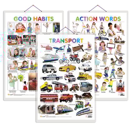 Set of 3 Good Habits, Action Words and Transport Early Learning Educational Charts for Kids | 20"X30" inch |Non-Tearable and Waterproof | Double Sided Laminated | Perfect for Homeschooling, Kindergarten and Nursery Students