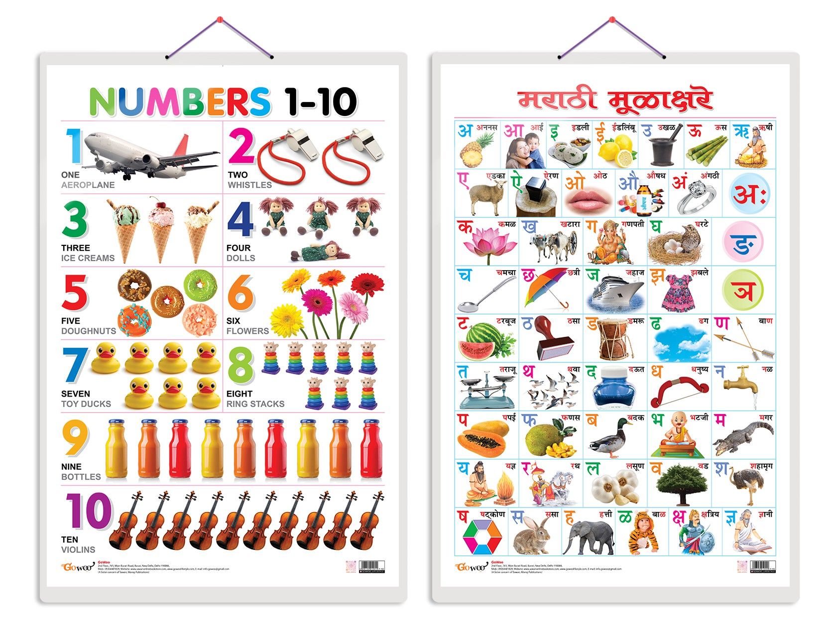 Set of 2 Numbers 1-10 and Marathi Varnamala?(Marathi) Early Learning Educational Charts for Kids | 20"X30" inch |Non-Tearable and Waterproof | Double Sided Laminated | Perfect for Homeschooling, Kindergarten and Nursery Students