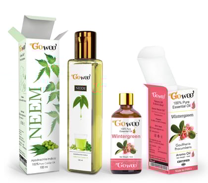 Pack of 2 Wintergreen Essential Oil and Neem Carrier Oil - 100% Pure Natural & Therapeutic Grade Oil for Skin Care & Hair Care
