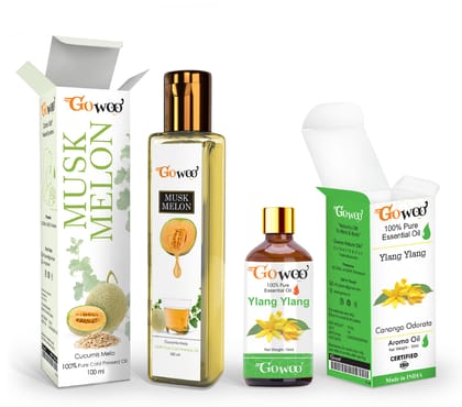 Pack of 2 Ylang Ylang Essential Oil and Musk Melon Carrier Oil - 100% Natural Therapeutic Grade Cold Pressed for Skin & Hair