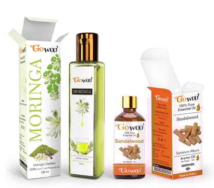 Pack of 2 Sandalwood Essential Oil and Moringa Carrier Oil - 100% Pure Natural Cold Pressed Carrier Oil for Skin & Hair