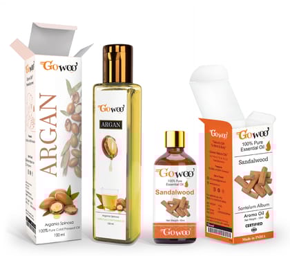 Pack of 2 Sandalwood Essential Oil and Argan Carrier Oil - 100% Pure, Natural & Undiluted Oil for Skin Care & Hair Care