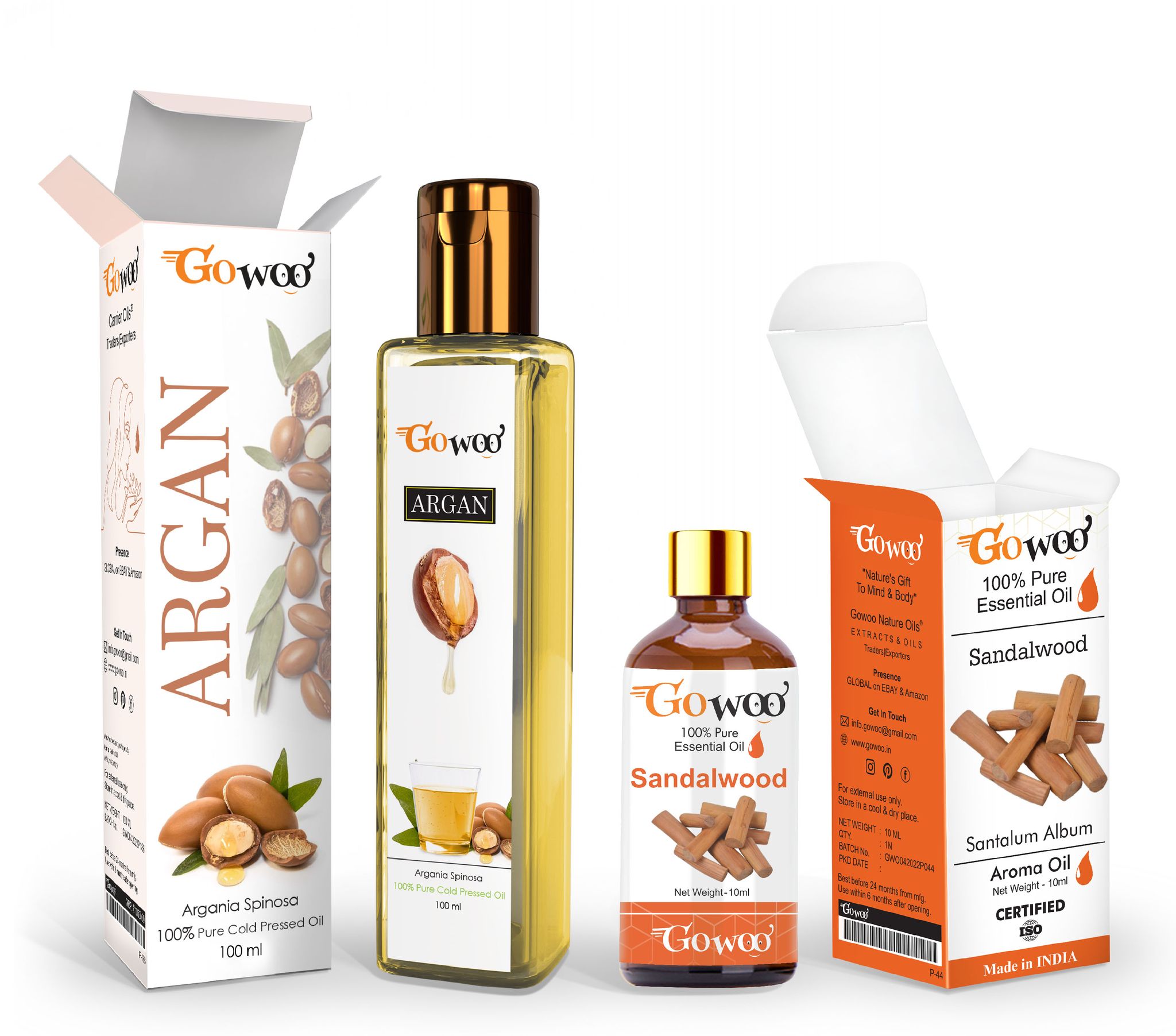 Pack of 2 Sandalwood Essential Oil and Argan Carrier Oil - 100% Pure, Natural & Undiluted Oil for Skin Care & Hair Care