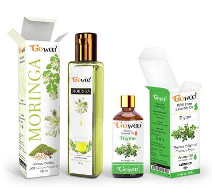 Pack of 2 Thyme Essential Oil and Moringa Seed Carrier Oil - 100% Pure Natural Cold Pressed Carrier Oil for Skin & Hair