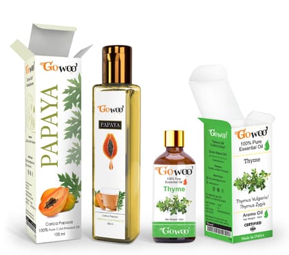 Pack of 2 Thyme Essential Oil and Papaya Seed Carrier Oil - 100% Natural Therapeutic Grade Cold Pressed for Skin & Hair