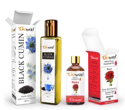 Pack of 2 Rose Essential Oil and Black Cumin Carrier Oil - 100% Pure & Natural Oil For Hair, Skin and Body