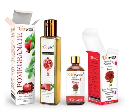 Pack of 2 Rose Essential Oil and Pomegranate Seed Carrier Oil - 100% Pure Natural & Undiluted For Hair Growth, Face & Skin Moisturizer