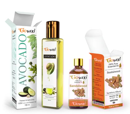 Pack of 2 Sandalwood Essential Oil and Avocado Carrier Oil - 100% Pure & Natural Oil For Skin & Face Massage