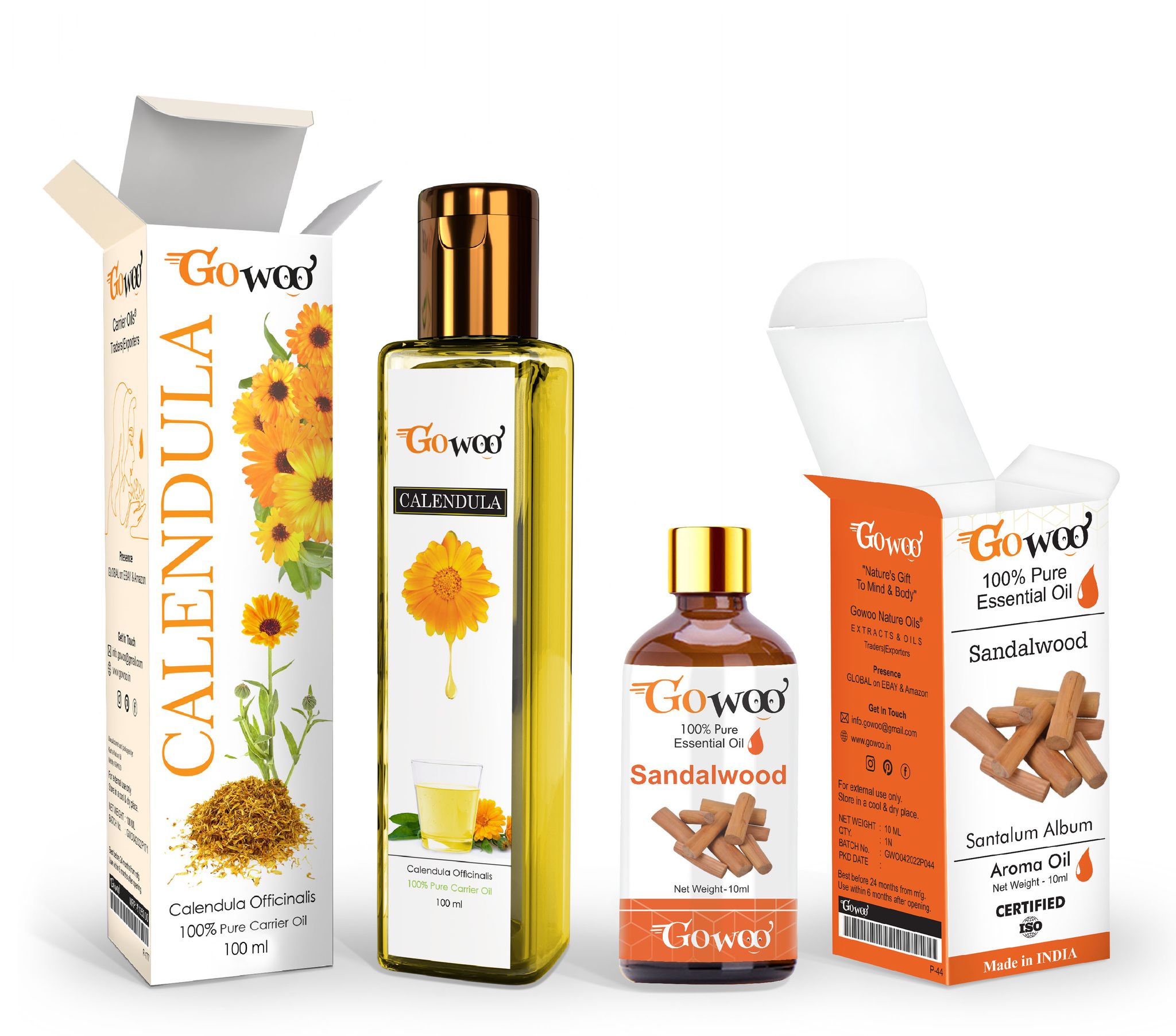 Pack of 2 Sandalwood Essential Oil and Calendula Carrier Oil - 100% Pure Natural & Undiluted For Skin care