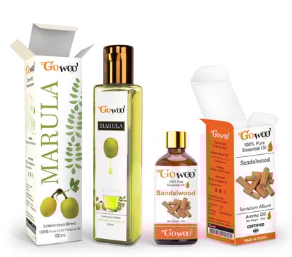 Pack of 2 Sandalwood Essential Oil and Marula Carrier Oil - 100% Natural Therapeutic Grade Cold Pressed for Skin & Hair