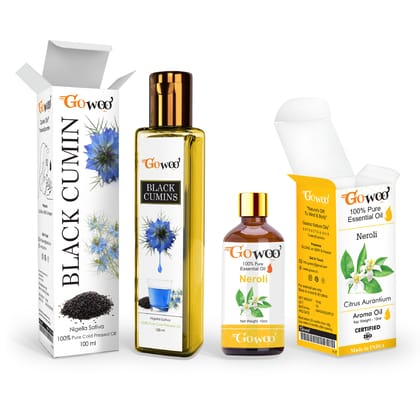 Pack of 2 Neroli Essential Oil and Black Cumin Carrier Oil - 100% Pure Natural & Undiluted For Skin care & Hair