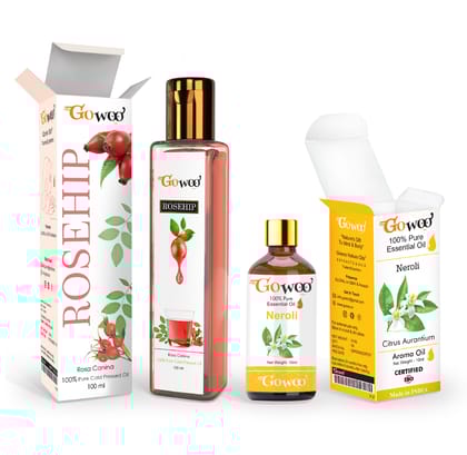 Pack of 2 Neroli Essential Oil and Rosehip Seed Carrier Oil - 100% Pure & Natural Oil For Face, Skin and Hair
