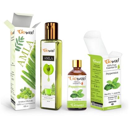Pack of 2 Peppermint Essential Oil and Amla Carrier Oil - 100% Pure & Natural Oil For Healthy, Strong & Beautiful Hair