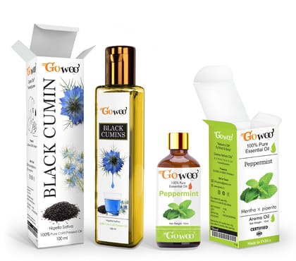 Pack of 2 Peppermint Essential Oil and Black Cumin Carrier Oil - 100% Pure Natural & Undiluted For Skin care & Hair