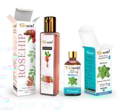 Pack of 2 Melissa Essential Oil and Rosehip Seed Carrier Oil - 100% Pure & Natural Oil For Face, Skin and Hair