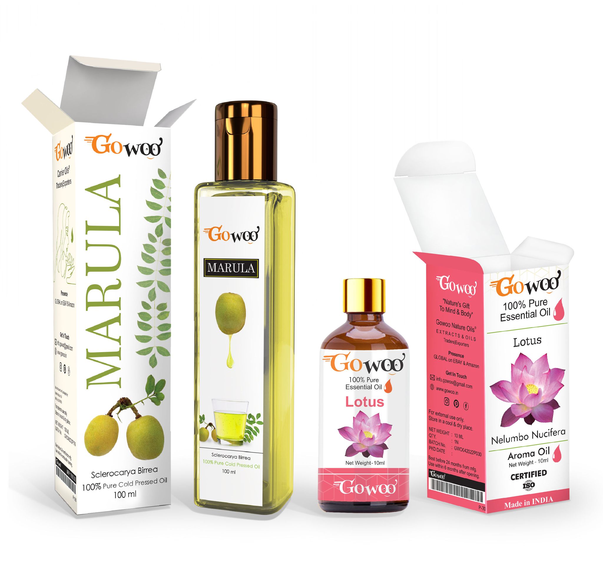 Pack of 2 Lotus Essential Oil and Marula Carrier Oil - 100% Natural Therapeutic Grade Cold Pressed for Personal Care