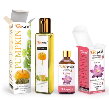 Pack of 2 Lotus Essential Oil and Pumpkin Seed Carrier Oil - 100% Natural Therapeutic Grade Cold Pressed for Skin & Hair