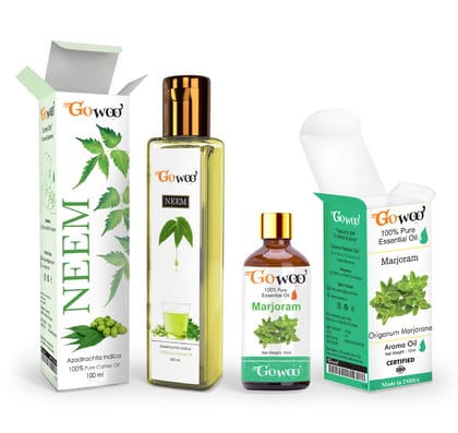 Pack of 2 Marjoram Essential Oil and Neem Carrier Oil - 100% Pure & Natural Oil For Skin Care, Hair Care & Massage Oil