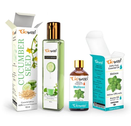 Pack of 2 Melissa Essential Oil and Cucumber Seed Carrier Oil - 100% Pure Natural & Undiluted For Skin care & Hair