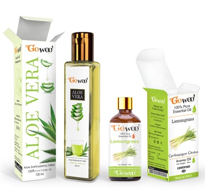 Pack of 2 Lemongrass Essential Oil and Aloe Vera Carrier Oil - 100% Pure & Natural Oil For Soft and Strong Hair
