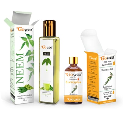 Pack of 2 Eucalyptus Essential Oil and Neem  Carrier Oil - 100% Pure & Natural Oil For Aromatherapy, Skin Care, Hair Care and Face