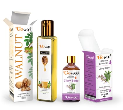 Pack of 2 Clary Sage Essential Oil and Walnut Carrier Oil - 100% Pure & Natural Oil For Aromatherapy Body Massage, Skin & Hair