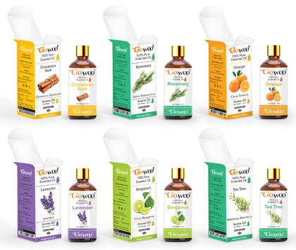 Pack of 6 Essential Oils Cinnamon Bark Oil, Rosemary, Orange, Lavender, Bergamot and  Tea Tree For Skin-Care, Hair Care, Face Care & Aromatherapy.