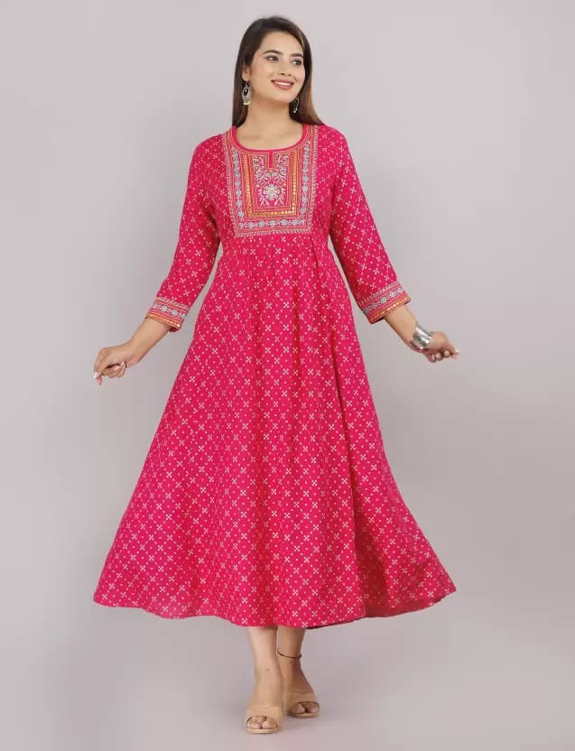 Women Embroidered Viscose Rayon Anarkali Kurta (Pink)