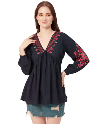 Moomaya V-Neck Tops For Womens, Viscose Rayon Printed Summer Casual Top Tunic