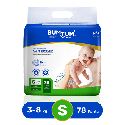 BUMTUM Baby Diaper Pants with Double Layer Leakage Protection - 4 to 8 Kg (78 Count, Small, Pack of 1)