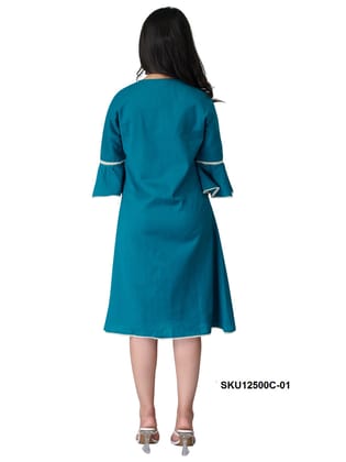 Teal Cotton V-Neck Pleated Bell Sleeve Midi Dress