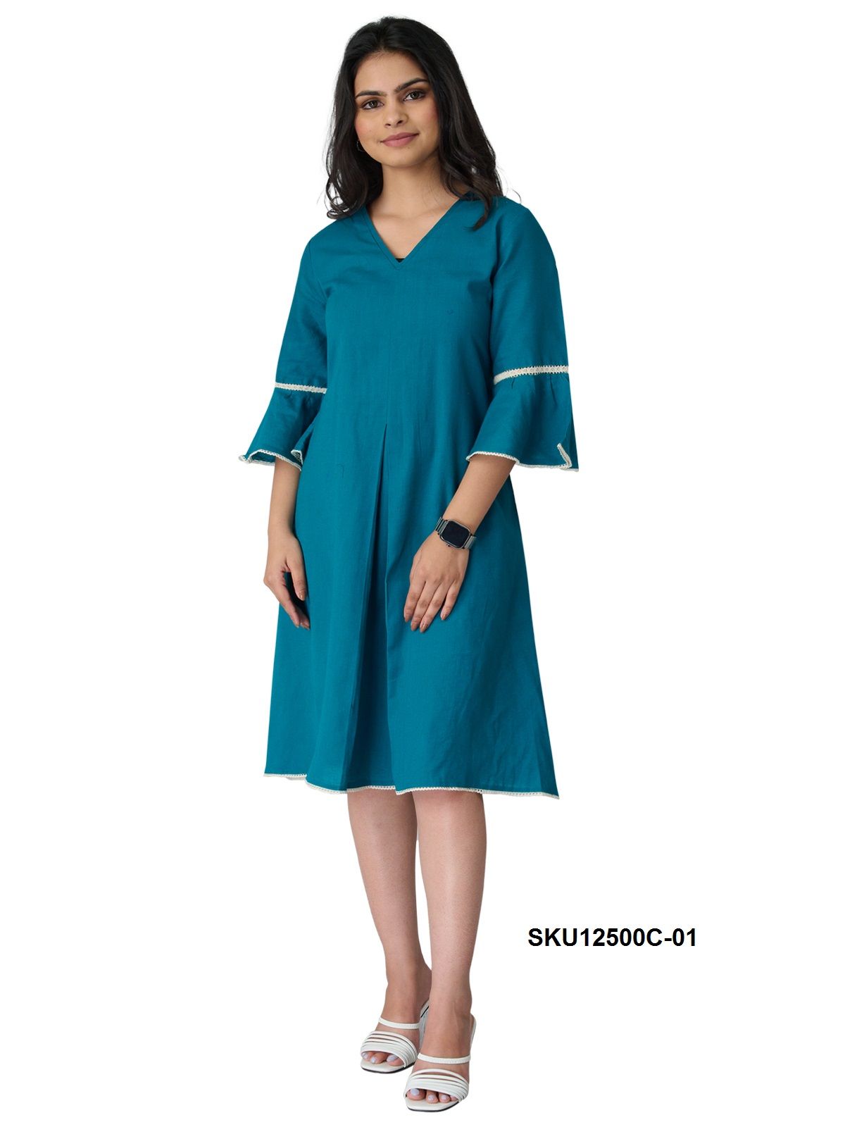 Teal Cotton V-Neck Pleated Bell Sleeve Midi Dress