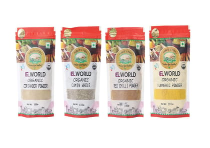 ELWORLD AGRO & ORGANIC FOOD PRODUCTS Combo Pack of Coriander Powder, Red Chilli Powder, Turmeric Powder & Cumin Whole (100 Gram Each)