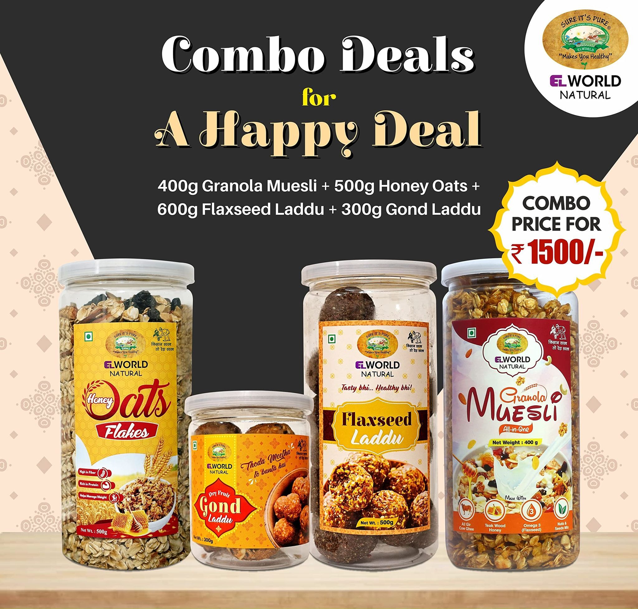 Elworld Organic Combo pack (Gond laddu-300g,Honey oats 500g,Granola Museli 400g,Flaxseed laddu-500g)