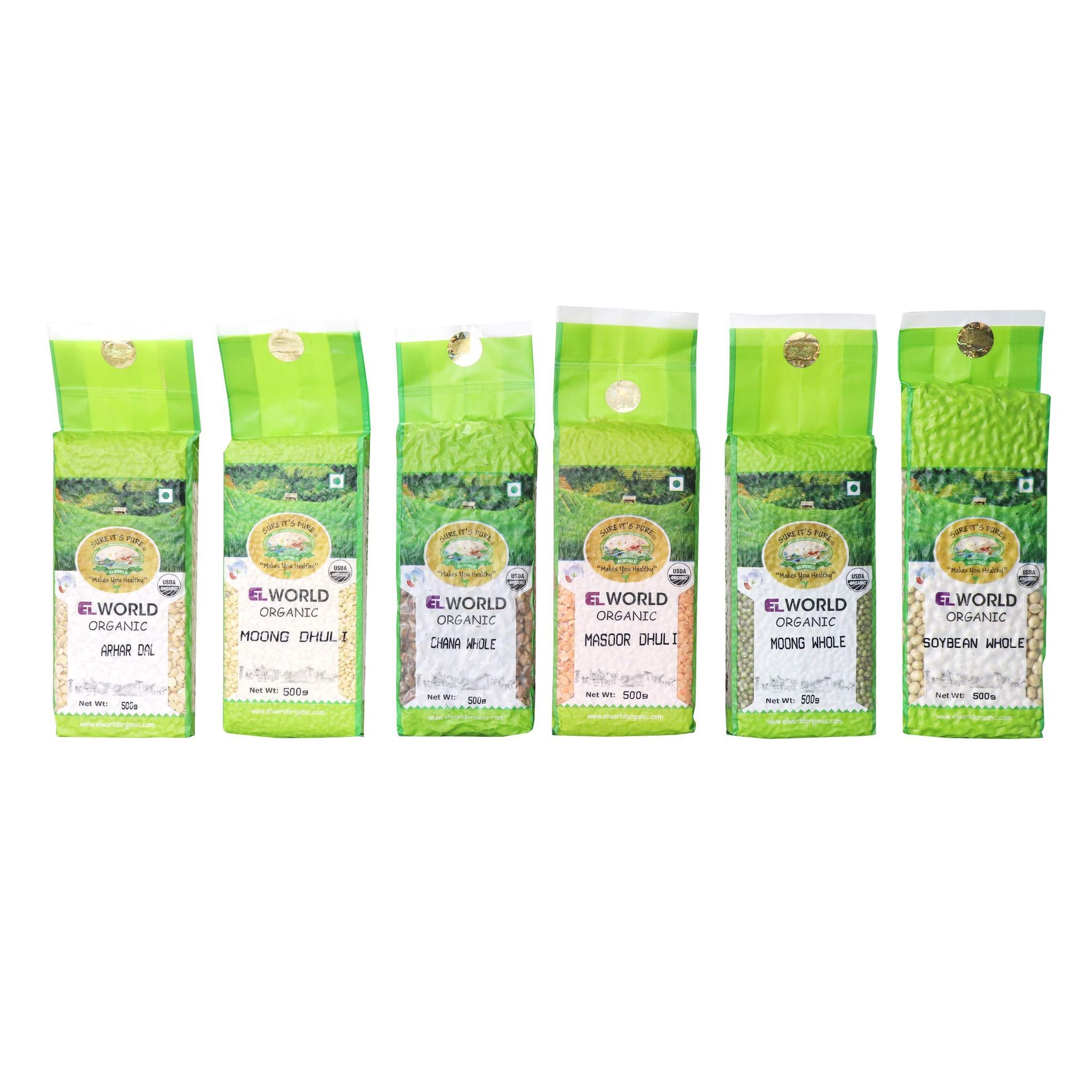 ELWORLD AGRO & ORGANIC FOOD PRODUCTS Pulses Combo Tur Dal, Chana Whole, Moong Dhuli, Masoor Dhuli, Soyabean 500 G Each