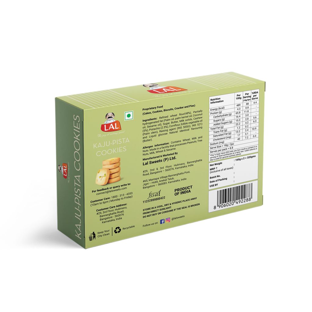 Lal Sweets Kaju Pista Cookies 320g (Pack Of 1) || Made With Fresh Cashew Nuts and Pistachio || Indian Traditional Biscotti || No Added Coloring Agent || Crunchy and Delicious Pistachio Cookies || Fresh Tea Time Snack