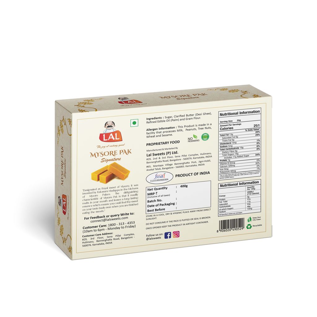 Lal Sweets Mysore Pak Signature 400g (Pack of 2) || Made with Cow Ghee || Healthy and Delicious Sweets Melts in Your Mouth || Traditional Taste of Mysuru