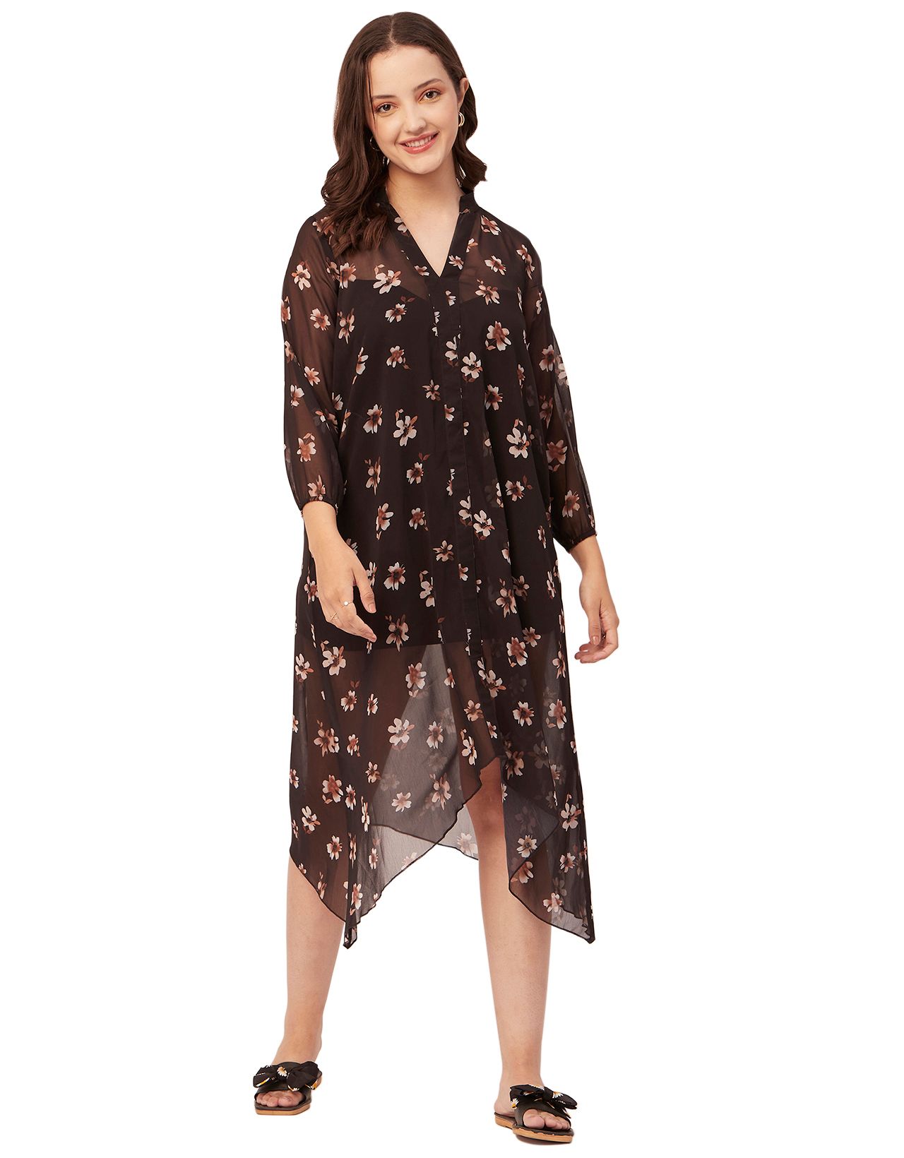 Moomaya Printed Long Sheer Dress For Women, Full Sleeve Poly