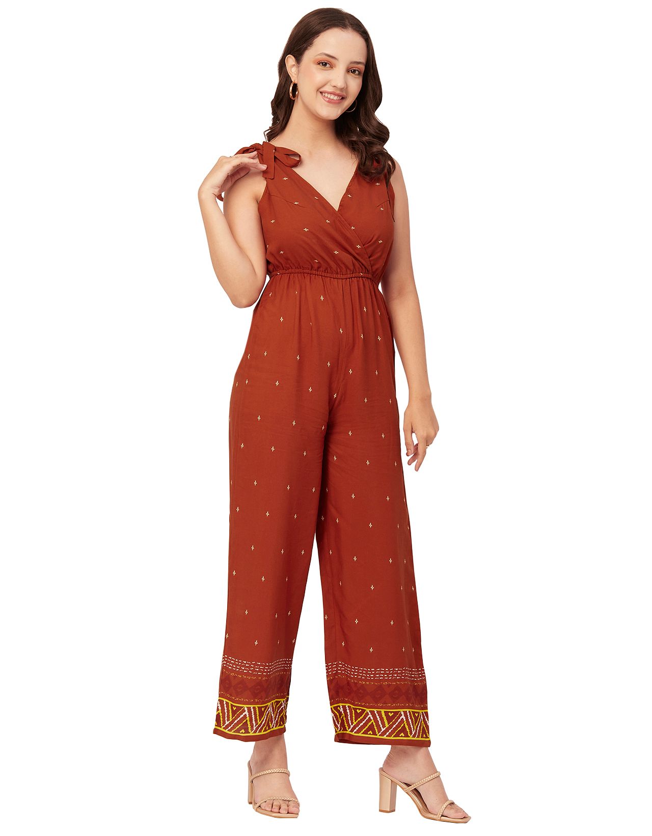 Moomaya Printed Jumpsuit For Women, Sleeveless Tie-Up V-Neck Loose Romper